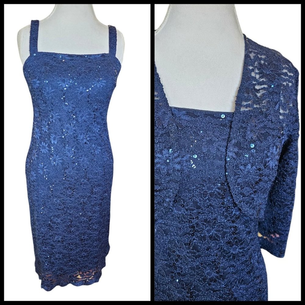 Y2K Womens Dark Blue Lace Sequins Formal Dress Bolero Sz 8 Stretchy Mother Bride